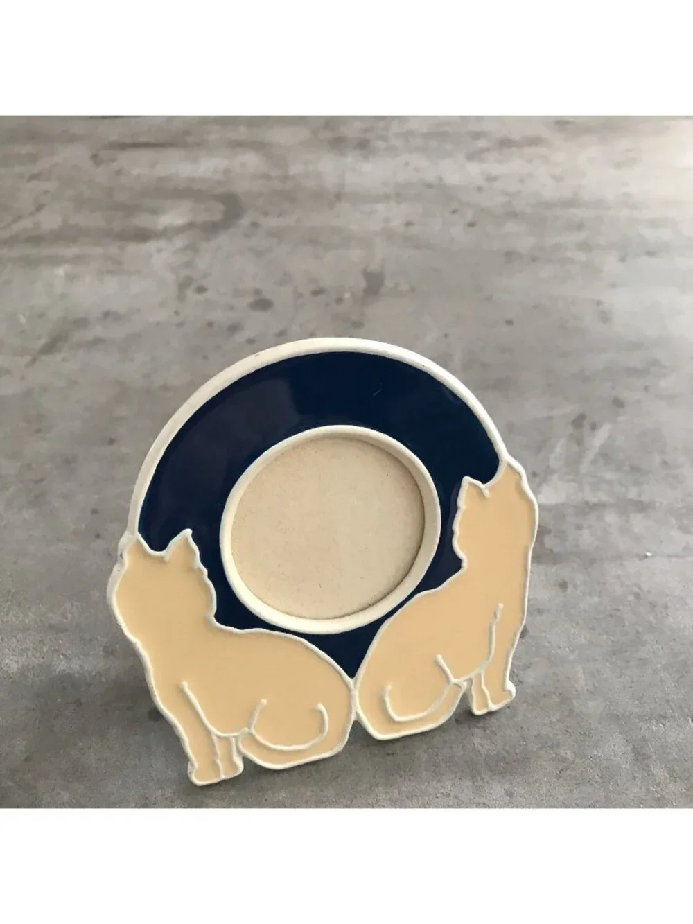 Kitty Cat Mini Frame Enamel Metal Round Photo Blue Cream Minimalist Kitsch Decor